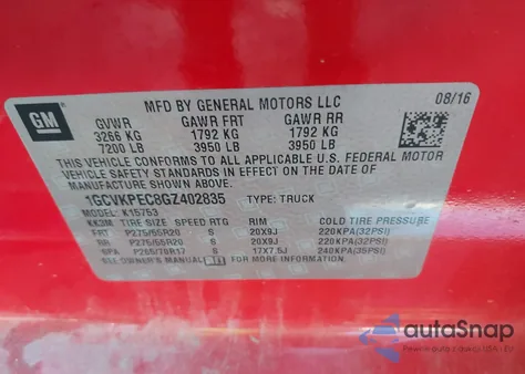 2016 Chevrolet Silverado 1500 Custom z USA, uszkodzony, nr VIN 1GCVKPEC8GZ402835